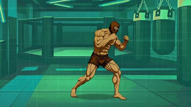 Muscular fighter with balaclava throwing punches, MMA gym boxing shadowboxing animation