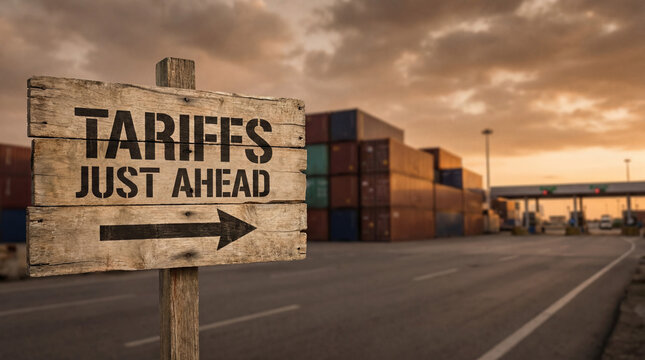 Tariffs just ahead sign with shipping containers at a cargo port, symbolizing global trade policy and economics