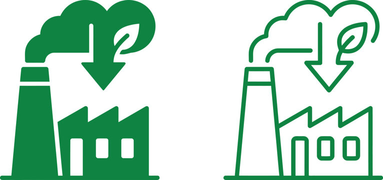 factory icon with leaf and downward arrow symbolizing carbon reduction and sustainability goals