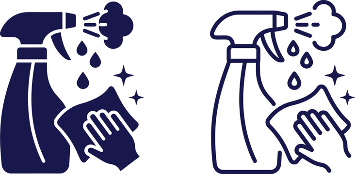 disinfection cleaning icon set with spray bottle gloves and sparkles for hygiene promotion