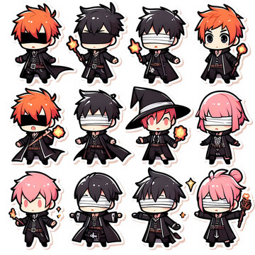 Cute chibi anime sorcerer and ninja warrior sticker sheet collection with colorful spiky hair in dark outfits isolated on white background