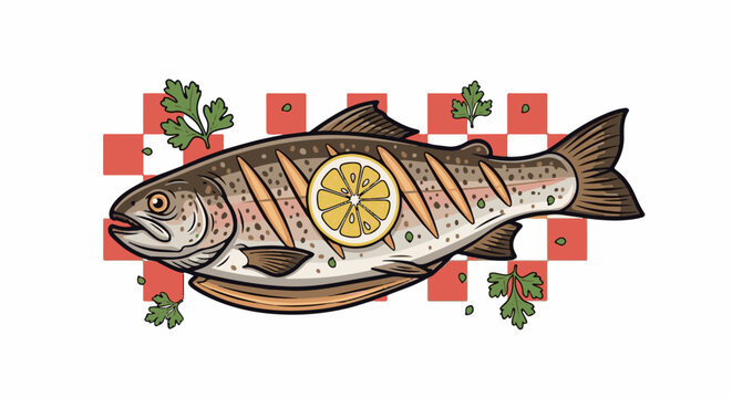 Grilled trout with lemon slices and parsley on a red checkered background