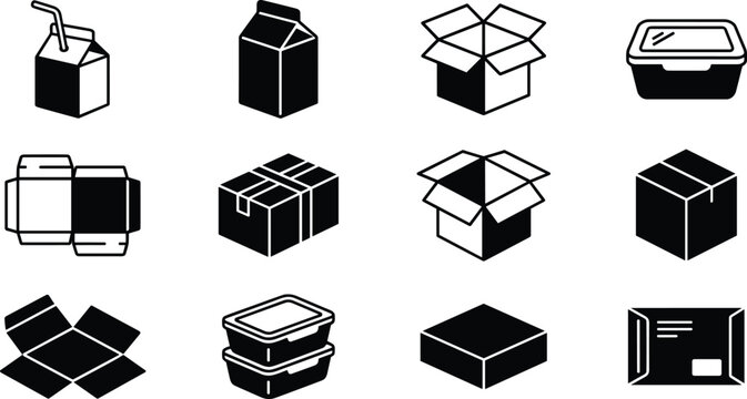 Packaging container icon collection vector illustration featuring cartons boxes food trays and shipping packages for logistics retail and delivery services
