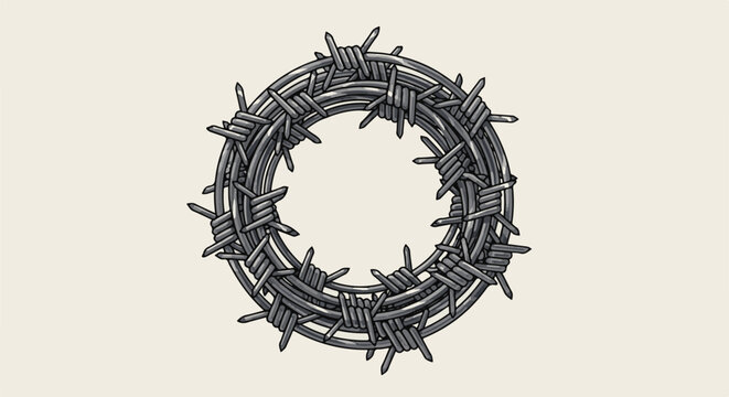 A circular arrangement of barbed wire, forming a thorny, metallic ring