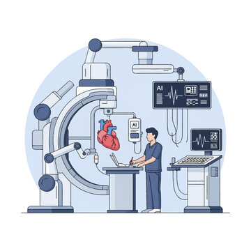 Medical vector illustration of a cardiac catheterization lab with robotic arms, C-arm imaging, anatomical heart, AI diagnostic monitors, and a professional operating the console.