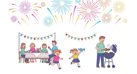 Naklejka premium Happy Family Gathering for Backyard Barbecue Party With Kids Running Under Colorful Fireworks and Festive Lights