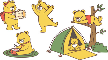 Cute yellow teddy bear characters camping outdoors in green tent cooking meal sleeping on tree branch hiking with backpack, Cute yellow teddy bear characters camping outdoors in green tent cooking mea © Snowar