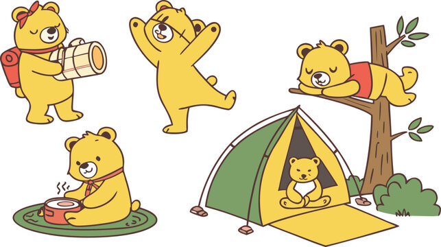 Cute yellow teddy bear characters camping outdoors in green tent cooking meal sleeping on tree branch hiking with backpack, Cute yellow teddy bear characters camping outdoors in green tent cooking mea