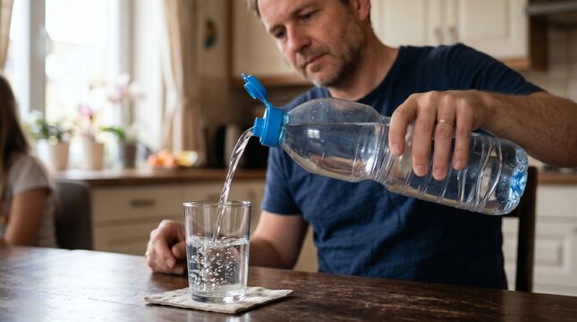Man pouring fresh water into a glass, staying hydrated at home.