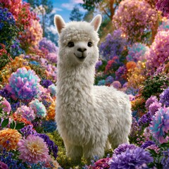 Fototapeta premium Cute 3D cartoon alpaca with fluffy white fur and a floral wreath standing in a magical forest filled with glowing pastel flowers and sparkling lights.