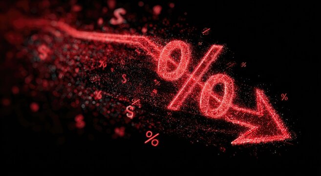 Red glowing arrow plummets with percentage signs and dollar symbols, disintegrating