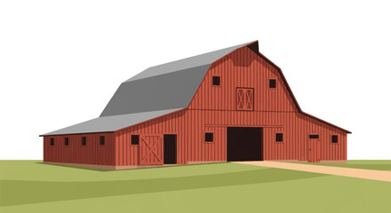 Obraz premium Vector illustration of a classic American red barn with vertical siding, a gambrel roof design, side wings, several windows, and doors on a green grassy field with a path.