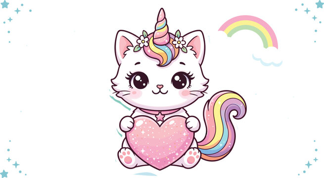 Cute Cartoon Caticorn Character Vector Illustration Featuring a White Cat Unicorn Holding Pink Heart with Rainbow and Stars for Kids Graphic Designs