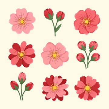 Botanical vector illustration collection of nine floral icons including various open pink and red blossoms with yellow centers and rosebud stems on a light cream background.