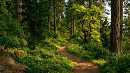 Fototapeta premium A breathtaking winding dirt path through a lush green forest filled with ancient trees and wildflowers, bathed in warm golden afternoon sunlight.