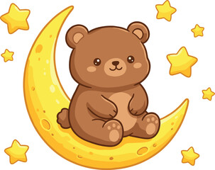 Obraz premium Cute Cartoon Teddy Bear Sitting on Crescent Moon Surrounded by Little Yellow Stars for Nursery Decor and Good Night Greeting Card Designs