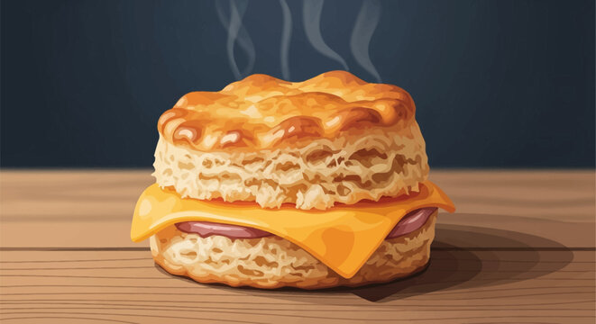 Hot steaming breakfast biscuit sandwich with melted yellow cheddar cheese and a slice of ham on a wooden table, digital illustration of a golden flaky buttermilk biscuit snack.