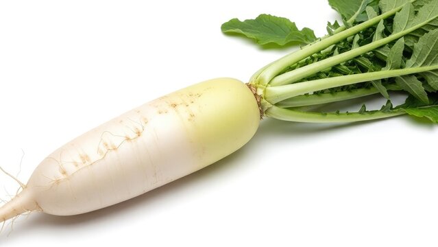 Fresh whole daikon radish with green leaves on white background.