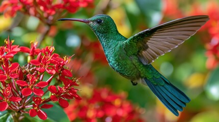 Obraz premium A vibrant green hummingbird in mid-air feeding from bright red tropical flowers in a lush, sunlit botanical garden, capturing its wings in motion.