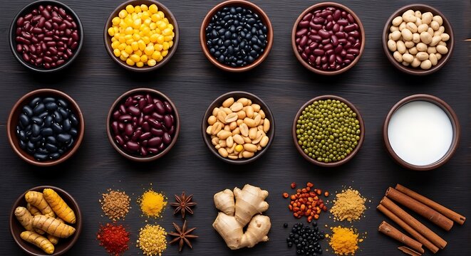 A top-down view of various bowls filled with different types of beans, grains, spices, and a bowl of milk, arranged on a dark wooden surface.