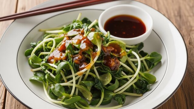 Healthy sprouts salad with soy sauce in a bowl.