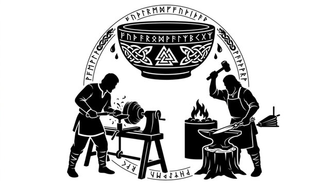 Viking artisan turning wooden bowl on lathe machine next to Norse blacksmith forging blade on anvil with runic alphabet border and completed ritual bowl with valknut and celtic knot design vector 