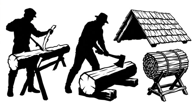 Traditional woodworkers shaving log with drawknife and splitting timber with broadaxe next to completed bundle of wooden shingles and rustic shingle roof structure vector silhouette set