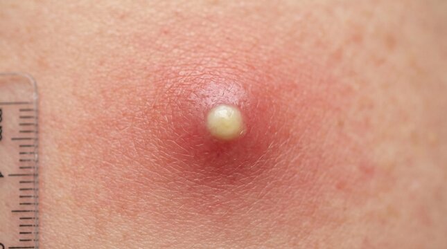 Close-up View of a Pimple on Human Skin with Redness and Inflammation.