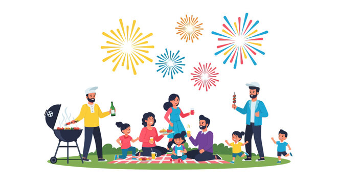 Multi Generational Family Celebrating Evening Picnic With BBQ Master Cooking Near Children Under Vibrant Exploding Fireworks