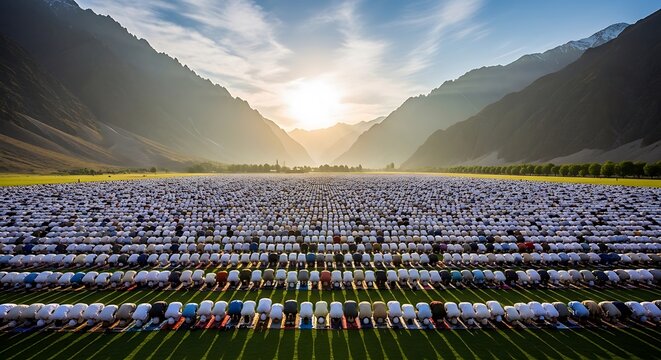 A vast congregation of people in white performing religious prayer in a scenic mountain valley at sunrise.