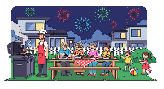 Multi Generational Family Celebrating Backyard Barbecue Party With Father Grilling Burgers and Fireworks Under Night Sky