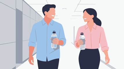 Fototapeta premium Two colleagues walking with water bottles.