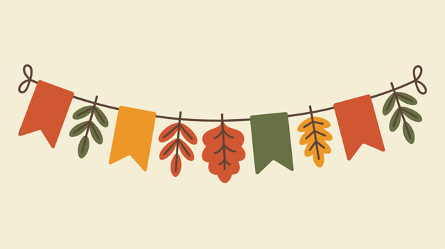 Decorative autumn banner features a string of colorful paper flags and various fall leaves in orange, yellow, and green earthy tones.