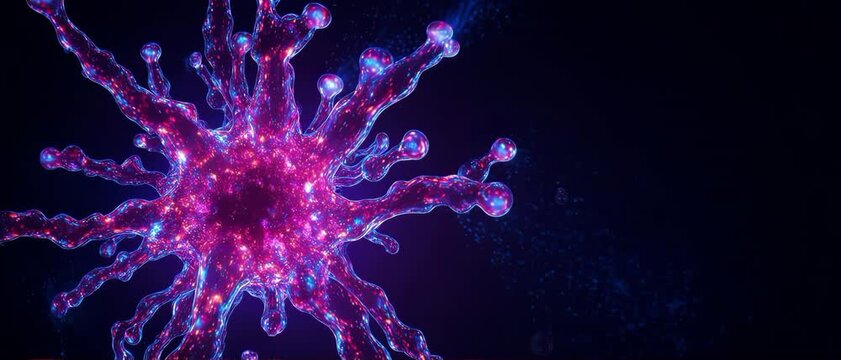 Complex branching translucent fluid in magenta and blue forming a bioluminescent abstract microbe