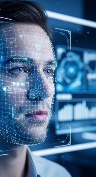 Young Man with Digital Facial Recognition Interface in Futuristic Technology Setting