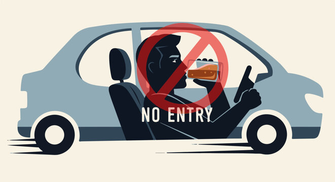 Stylized illustration of a driver drinking alcohol, prohibited by a red circle-slash sign