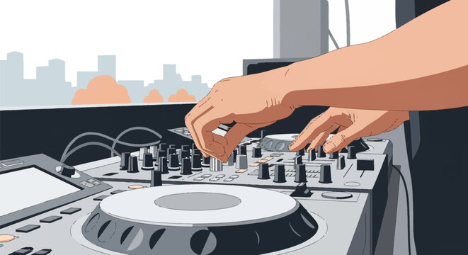 Vector illustration of a person's hands operating a professional DJ mixer and turntable controller, adjusting faders and knobs against a stylized urban city skyline backdrop.