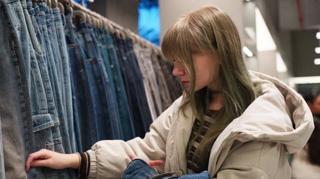 Generation z teenage girl browsing denim jeans in fashion store, exploring trendy casual clothing and youth fashion choices in modern shopping mall.