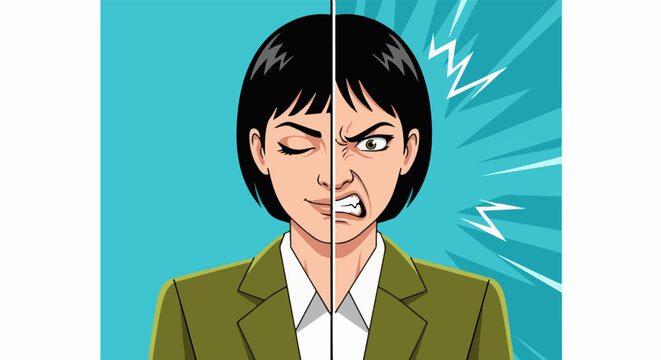 Split face shows contrasting emotions, one calm, one intensely angry with radiating lines
