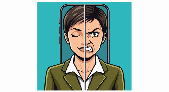 Split-face portrait of a woman in a suit showing contrasting emotions behind a phone screen