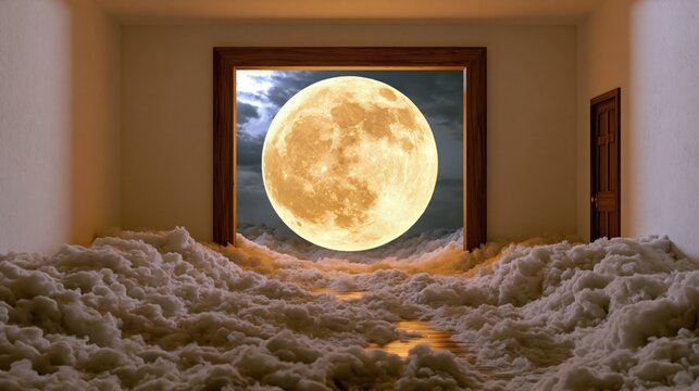 Surreal indoor environment with a radiant moon centerpiece and floor-level clouds illuminated by warm ambient lighting.