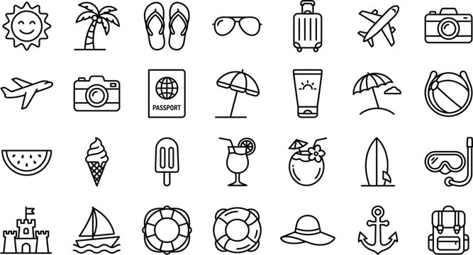 Travel Vacation Beach Icon Set, Summer Holiday Outline Vector