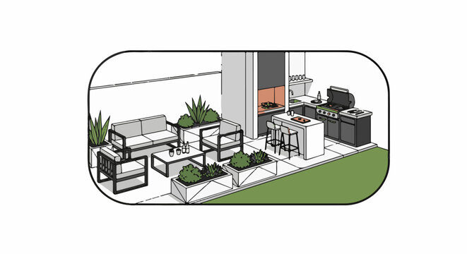 Modern patio with outdoor kitchen, grill, seating area, and planters