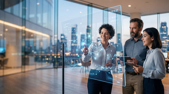Modern professionals collaborating with an interactive AI interface in a sleek office, blending human expertise and digital innovation&mdash;ideal for AI marketing, business presentations, websites.