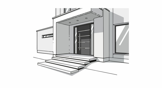 Modern home entrance with steps, contemporary door, and windows