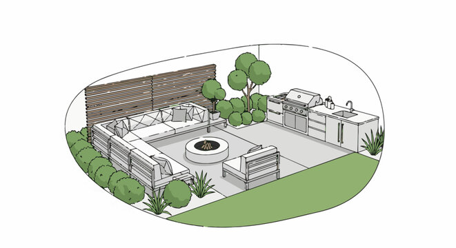 An isometric sketch of an outdoor living space with seating, fire pit, and kitchen