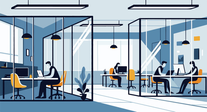 Modern office with glass partitions, people working at computers, yellow chairs