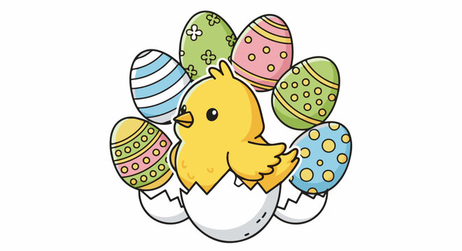 A yellow chick hatches from an egg surrounded by decorative Easter eggs