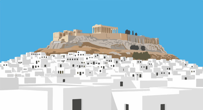 Ancient Greek acropolis perched above a clustered white village under a clear blue sky