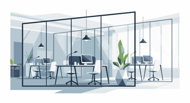 Modern glass-walled office with workstations and potted plants